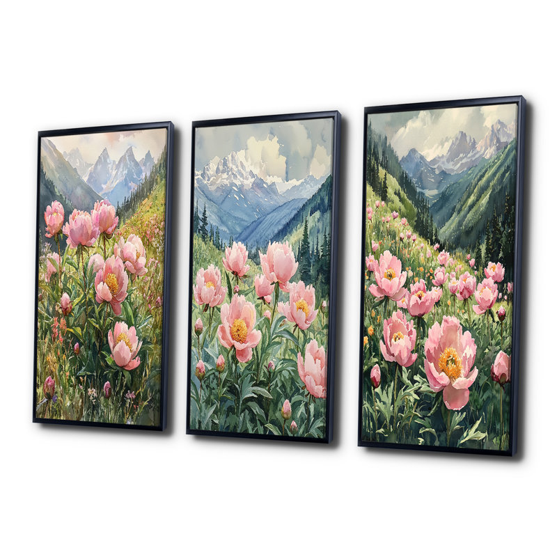 Pivoines dans la vallée balayée par le vent I - Collection d'art mural traditionnel 3 pièces, H 28 po x l 36 po, Noir