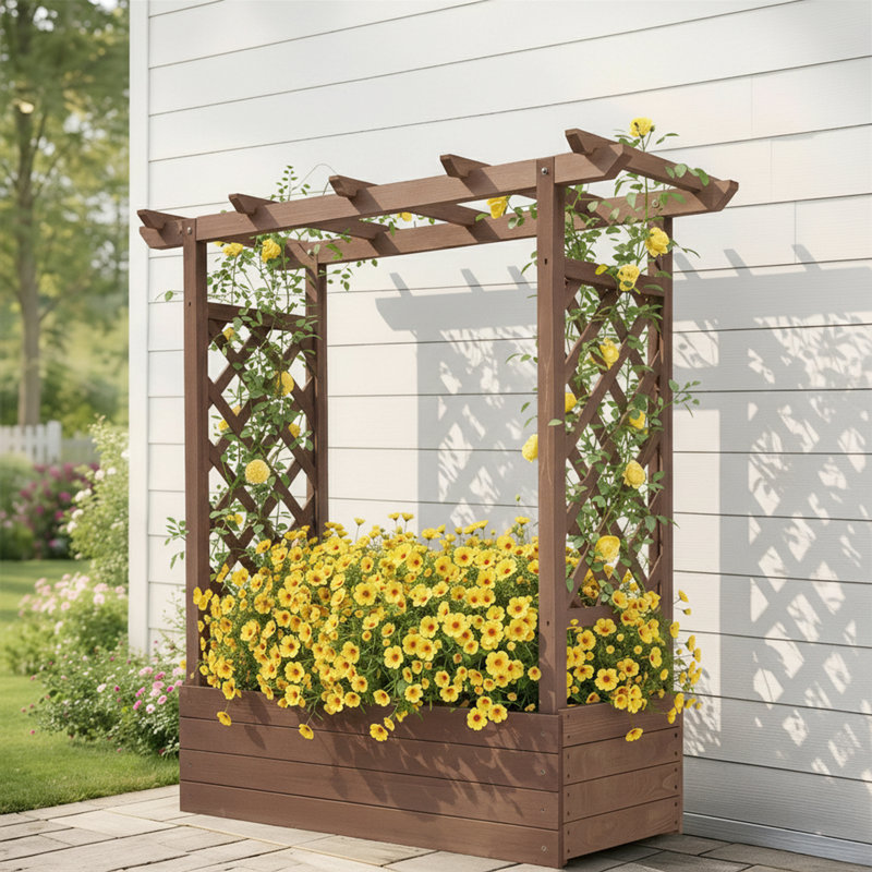 Boîte à fleurs en bois avec treillis Sabeera, Carbonisé