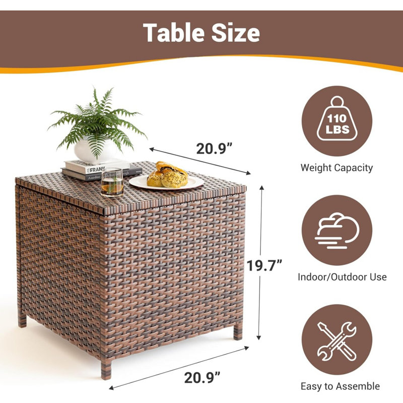 Outdoor Wicker Side Table With Storage Patio Rattan End Table Small Resin Square Container Coffee Table Backyard Pool For Furniture Covers, Toys And Gardening Tools
