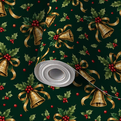 Papier peint adhésif décoratif de Noël, motif clochettes dorées et houx vert, style vintage, amovible et facile à poser. Idéal pour les locataires, à faire soi-même, pour chambre, salon, cuisine, salle de bain ou mur d'accent.