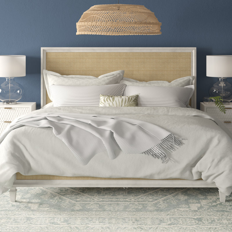 Solid Wood Standard Bed, King, Off White/Natural Rattan