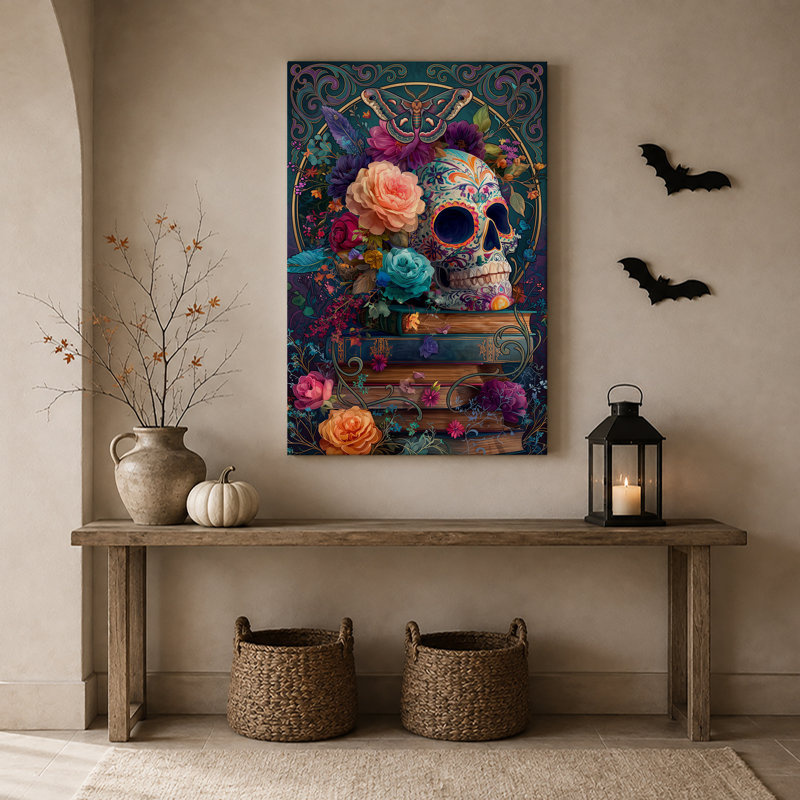 Impression sur toile, crâne de sucre coloré avec roses et papillon de nuit sur livres, H 36 po x l 24 po