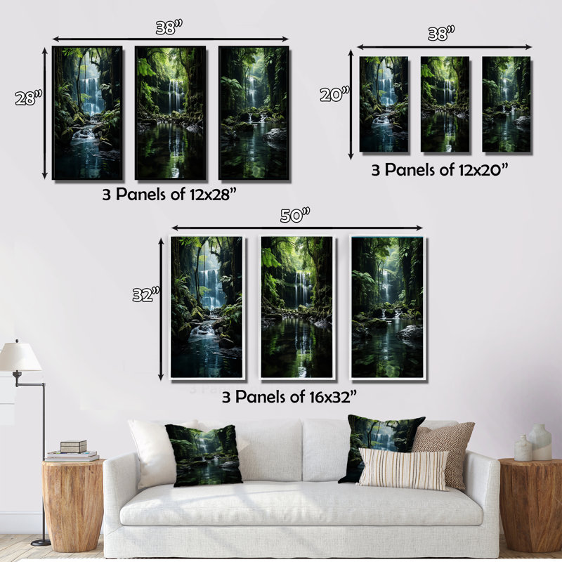 «Waterfall Hidden Oasis», 3 pièces sur toile, Toile tendue, H 40 po x l 60 po
