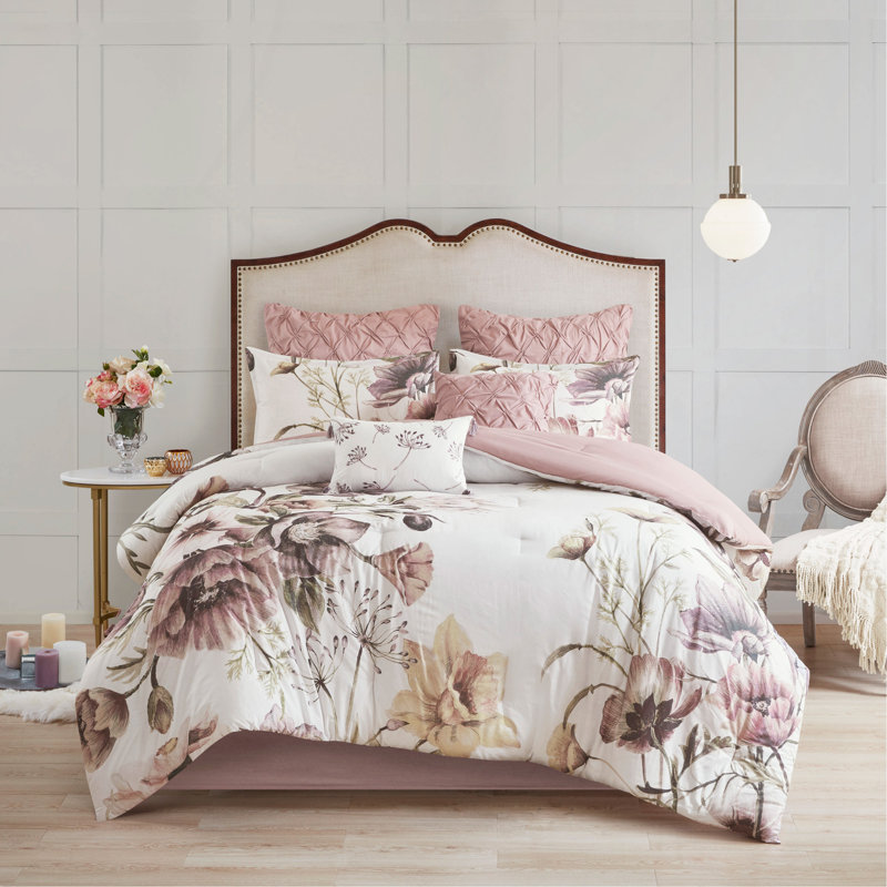8 Piece Cotton Printed Comforter Set, Blush, Cal King Size, California King Comforter + 7 Additional Pieces