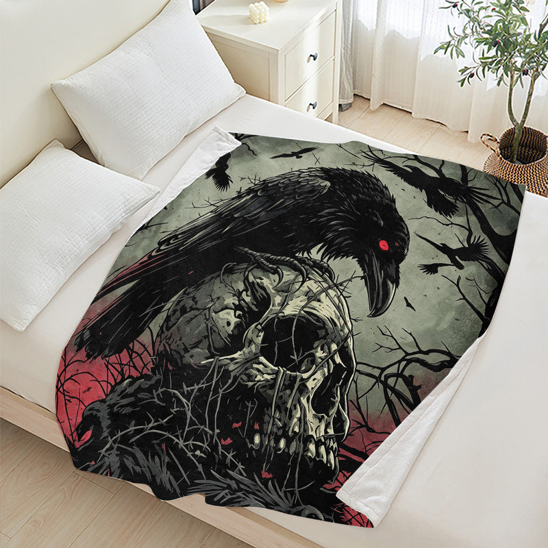 Couverture polaire en flanelle JYK pour l'Halloween, légère, respirante, douce et chaude en microfibre pelucheuse, 76 x 102 cm, motif branches et crâne de corbeau