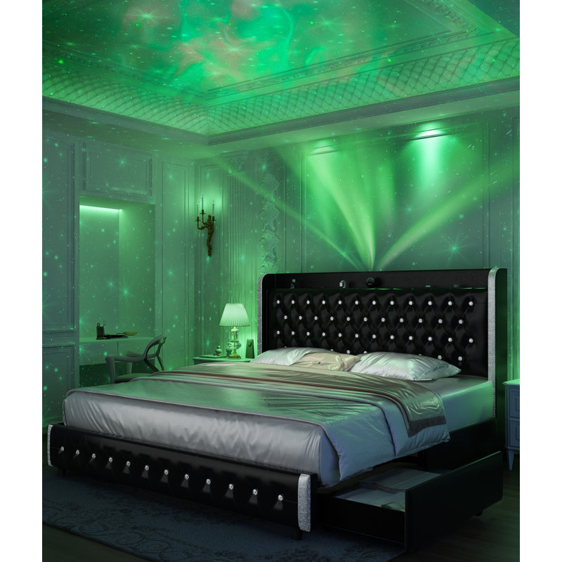 Wingback Modern Platform Bed With Galaxy Projector, 4 DustProof Storage Drawers, LED Bed Frame, USB Ports, No Box Spring Needed & Noise-Free Sturdy Wood Slats, Kiarri