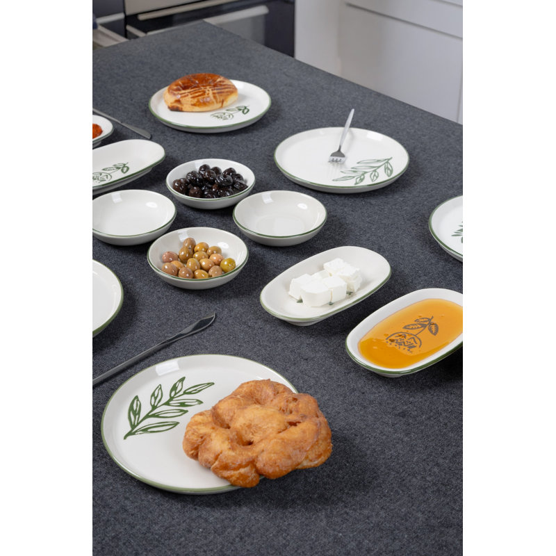Ensemble de petit-déjeuner en céramique 14 pièces, vert | Comprend 6 assiettes à déjeuner rondes (7,5 po), 2 plateaux de présentation ovales (9,3 x 4 po), 2 ovales olive (9 x 2,4 po), 4 porte-sauces (4,5 x 4,5 po) | Lavable au lave-vaisselle et empilable, parfait pour les repas et les réceptions