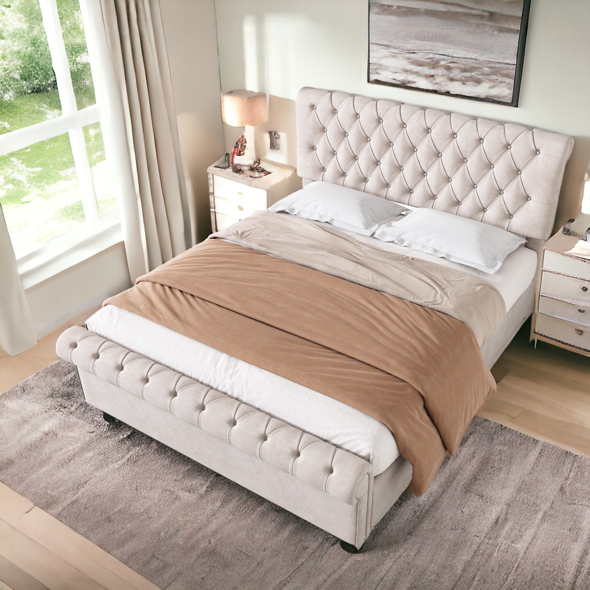 Adrie velvet deals upholstered platform bed