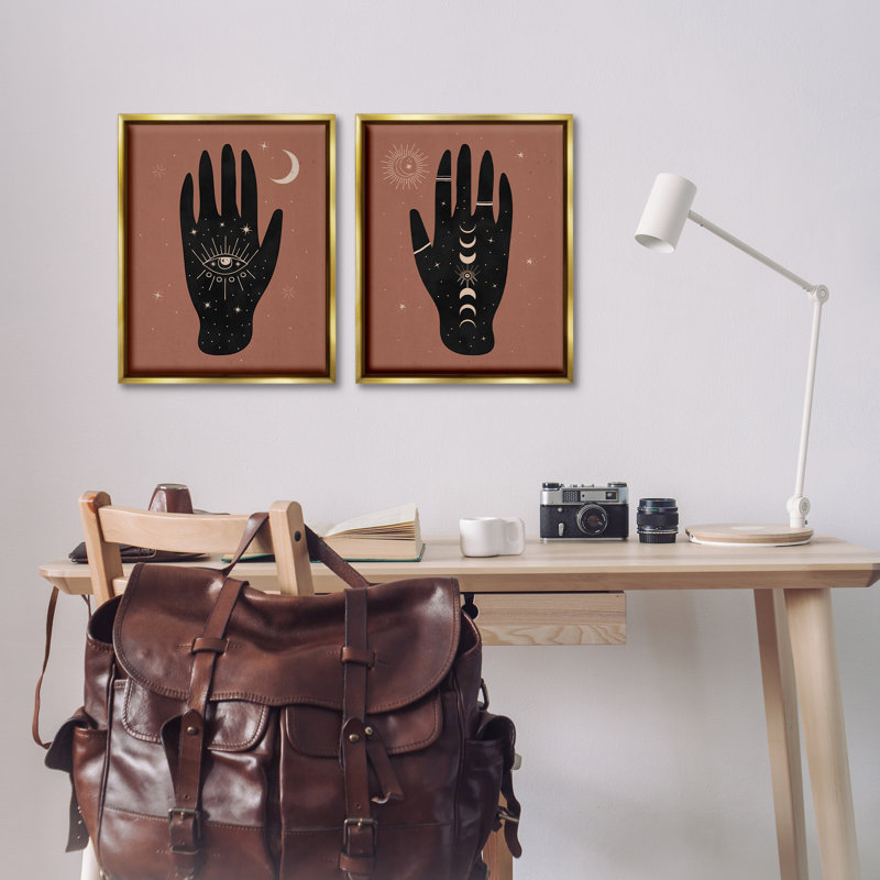  «All Seeing Mystical Hands», ensemble de 2 toiles flottantes encadrées par Nina Blue, H 21 po x l 17 po, Doré