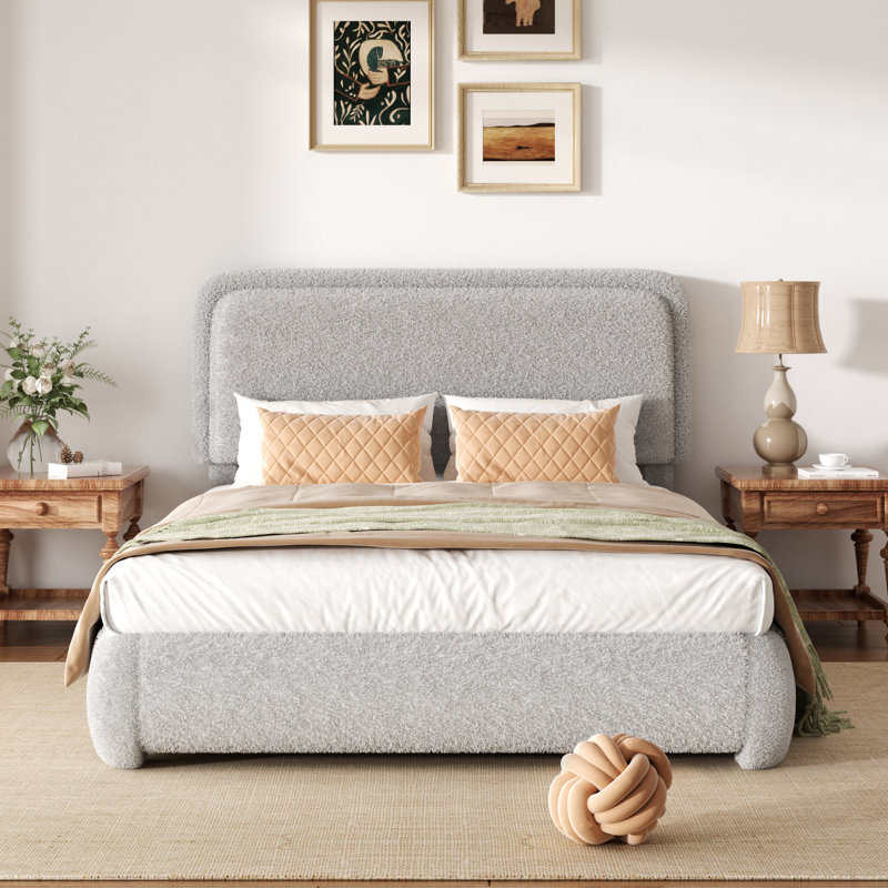 Base de lit plateforme tapissier Boucle avec tête de lit réglable et coins arrondis doux, Gris clair, Double