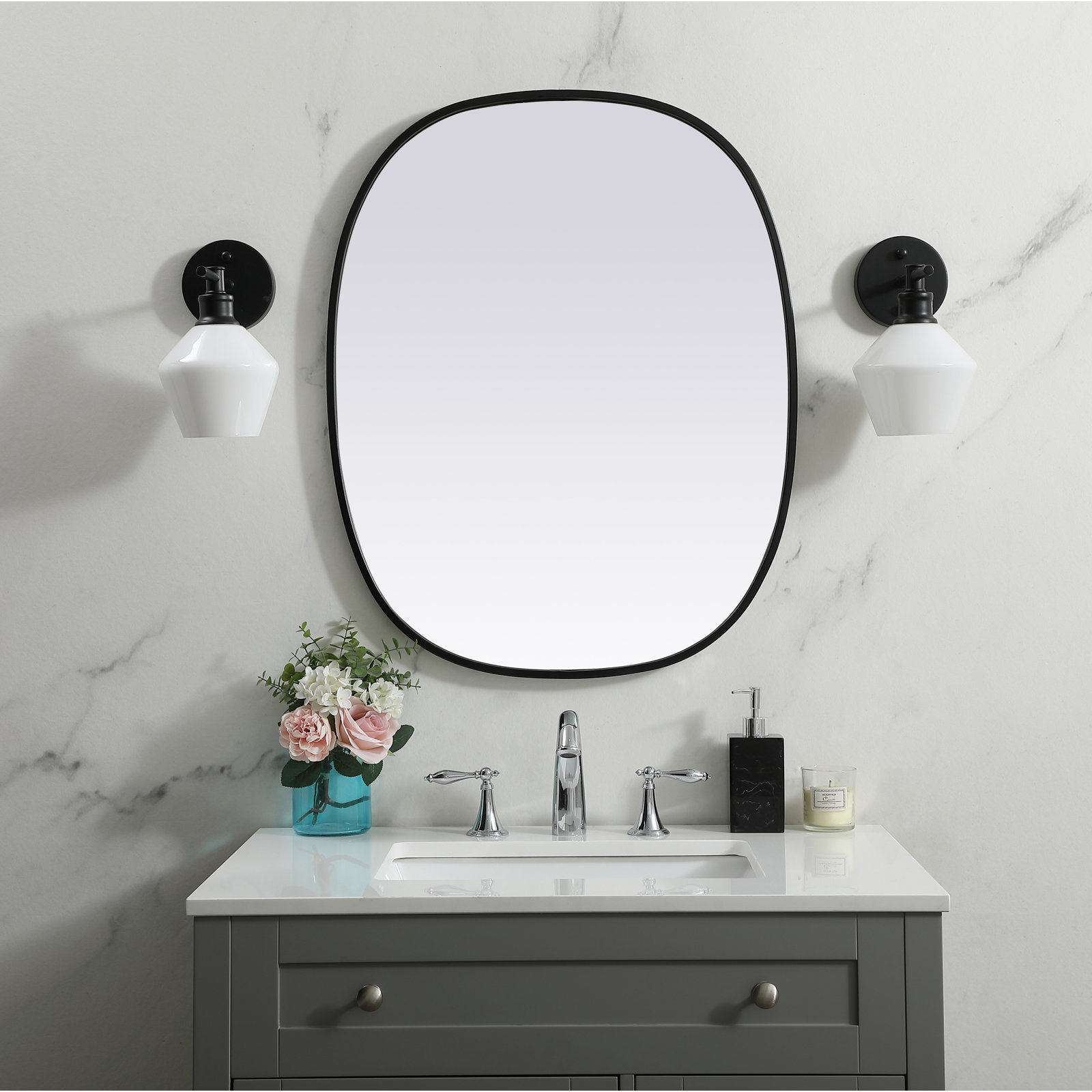 Sabine Metal Curved Oval Wall Mirror, Black, 30" x 24"