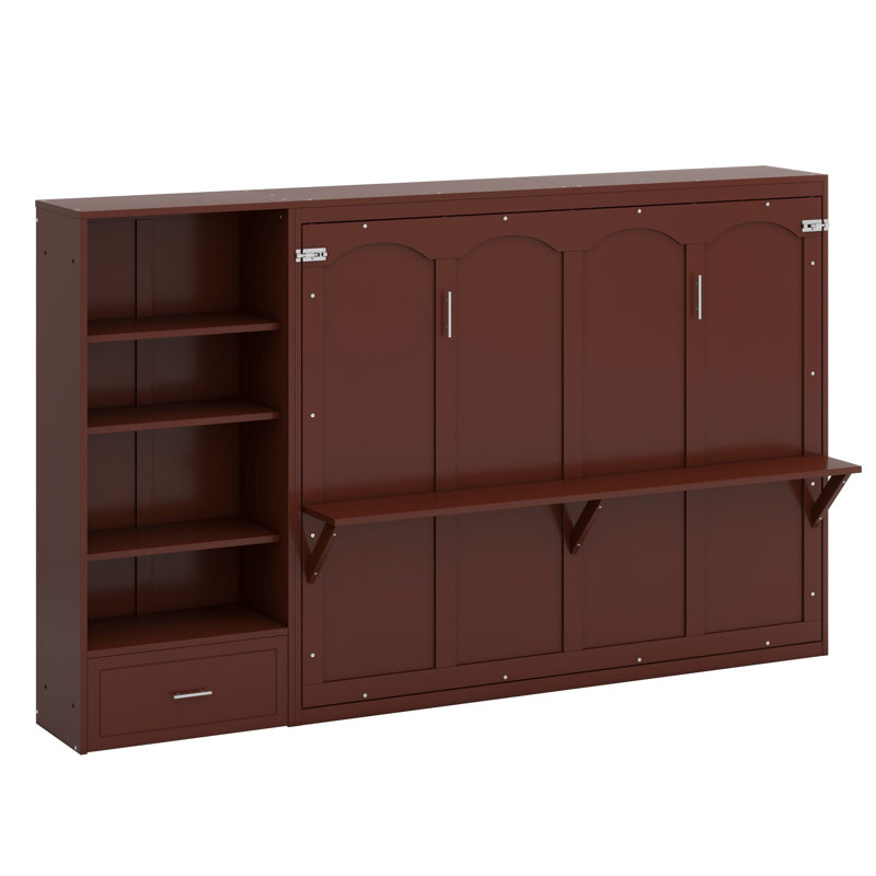 Lit escamotable avec compartiments de rangement et tablette réglables en hauteur, cadre de lit mural avec 1 tiroir, lit plateforme pliable multifonctionnel