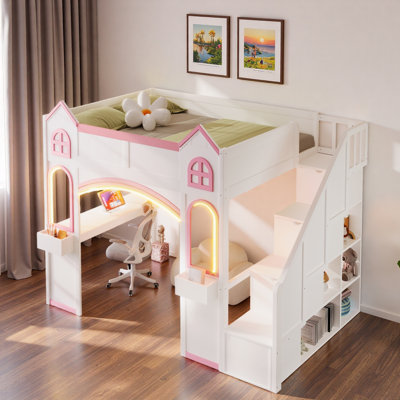Wood Castle Loft Bed With Storage Staircase, Desk, Shelves And Led Light