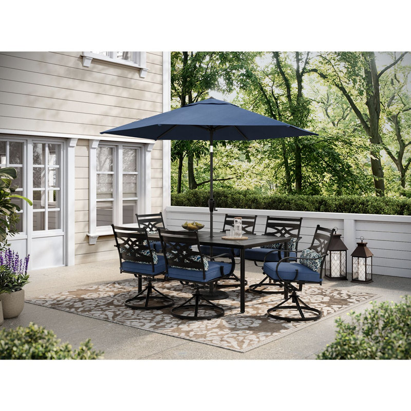 Keeble 6 - Person Patio Dining Set with Rectangular Table , Cushions Included, Navy Blue, Yes