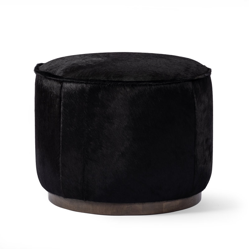Sinclair Round Ottoman, Black Hair On Hide Genuine Leather