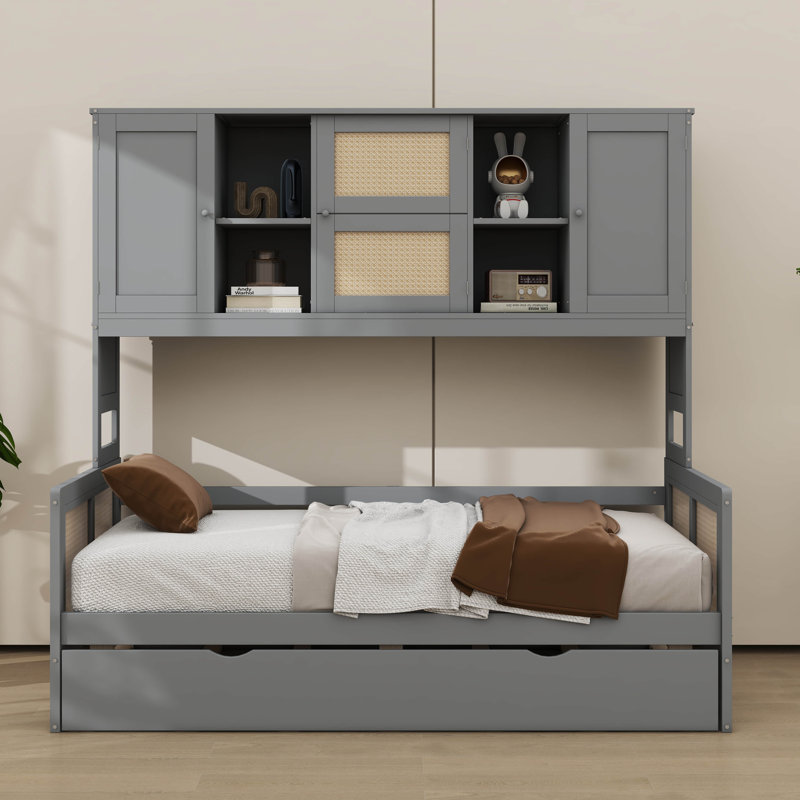 Lit de jour en bois, comprend un lit gigogne, une armoire et une tablette tout-en-un, Simple, gris