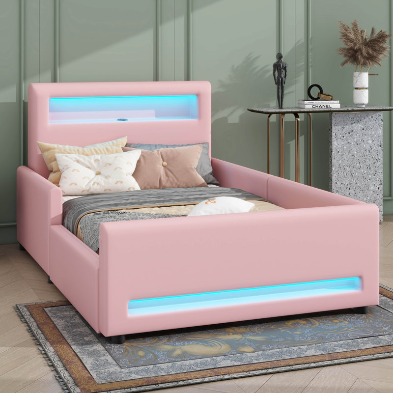 Lit plateforme simple à coussin avec tiroir intégré, bande lumineuse à DEL et connectivité USB, Lit simple, Rose