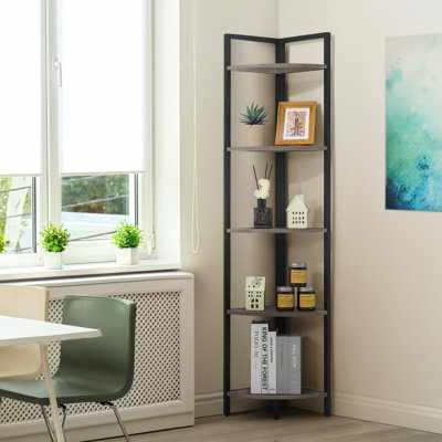 Étagère d'angle à 5 niveaux, bibliothèque de 59,1 po de hauteur, présentoir avec cadre en métal, étagère ronde, support pour salle de bain, salon, maison, bureau, gris foncé