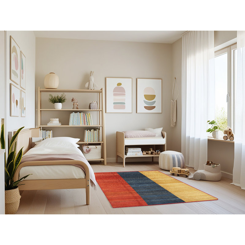 Tapis contemporain rouge / vert / jaune, Rectangle 3 pi x 5 pi