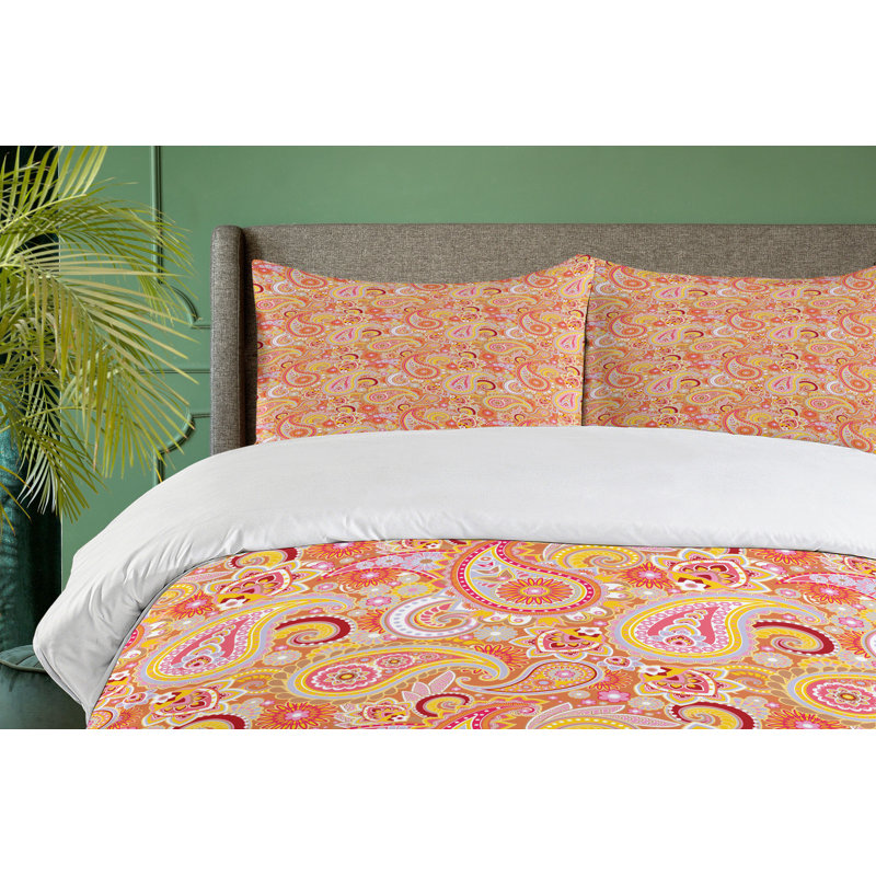 Queen Size Orange Paisley Floral Duvet Cover Set