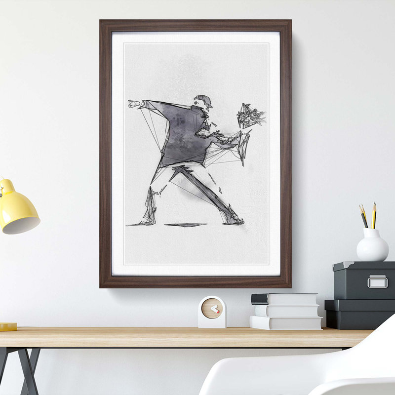 Flower Thrower in Abstract by Banksy - Framed Print, 76cm H x 50cm W x 2cm D, Walnut