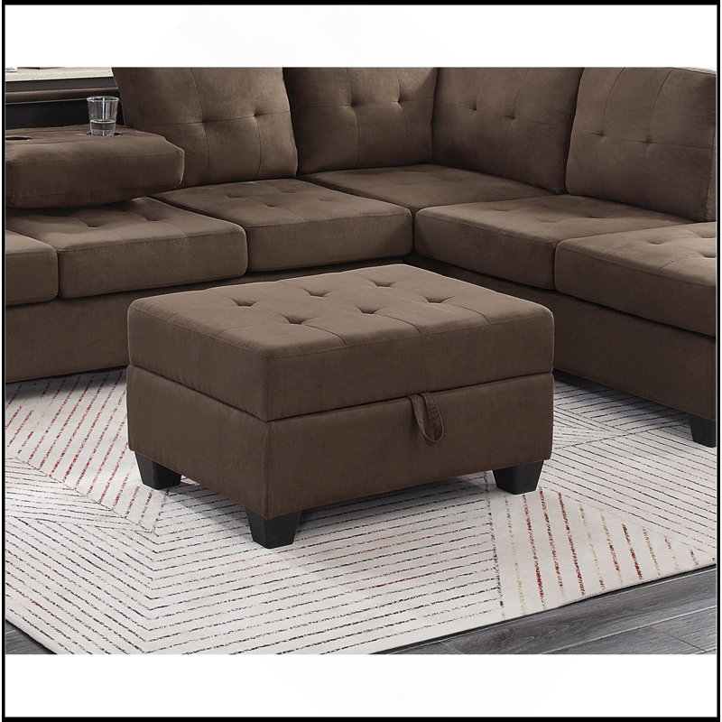 Repose-pieds de rangement moderne avec dessus capitonné et revêtement en tissu brun, meubles en bois massif pour le style et la fonctionnalité