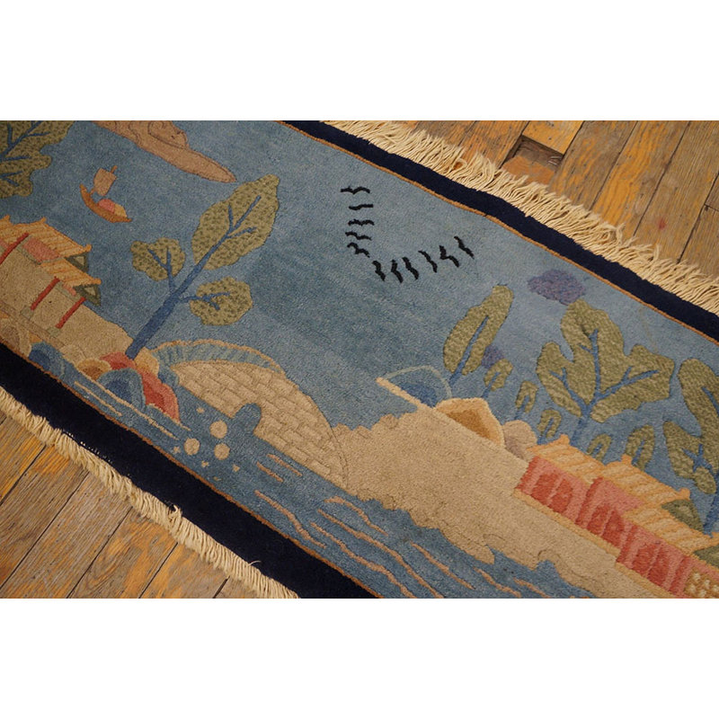 Antique Art Deco Small Scatter Size Wool Blue Rug