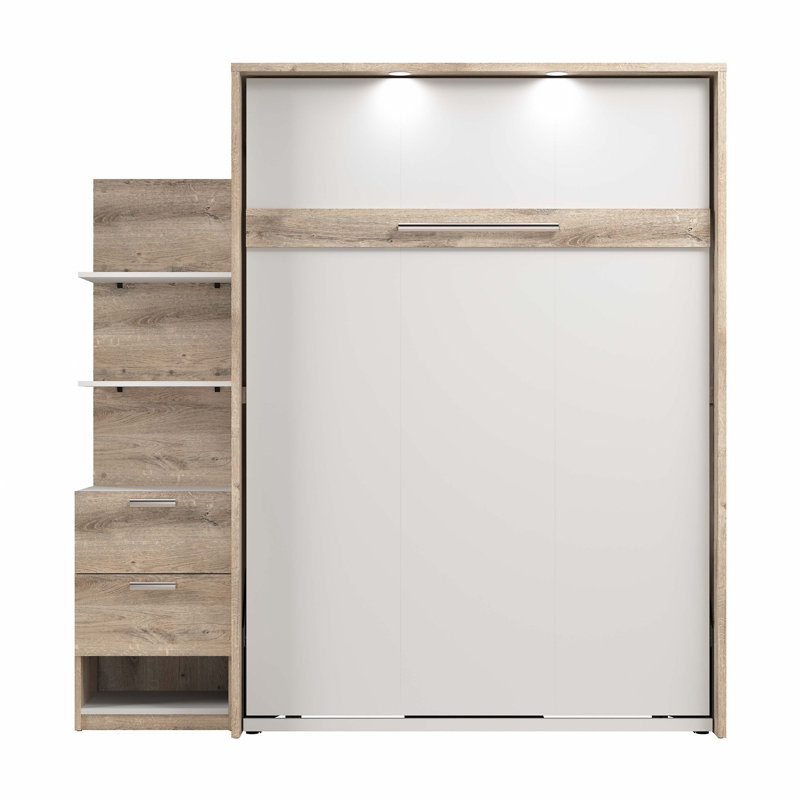 Lit escamotable avec rangement et table de chevet Osterman, Double, Brun rustique / Blanc