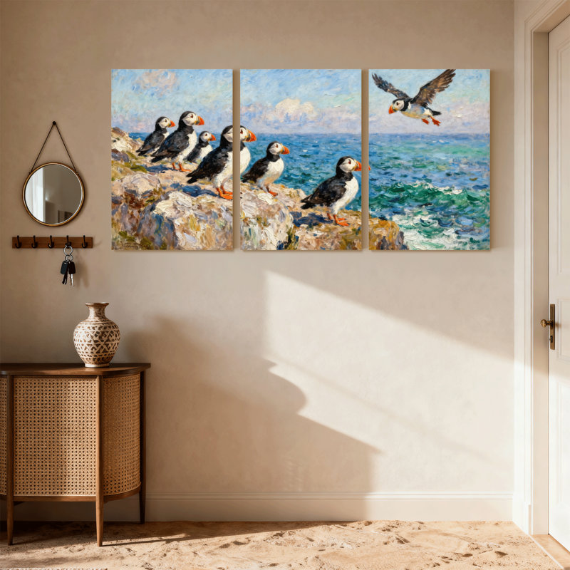 Oiseaux macareux sur un rivage rocheux avec vue sur l'océan, ensemble de 3 impressions sur toile, H 18 po x l 36 po