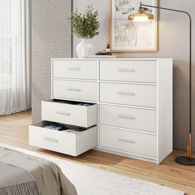 Commode blanche à 8 tiroirs avec grands tiroirs en tissu pour le rangement de la chambre à coucher | Idée de cadeau