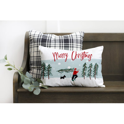  Merry Christmas with Man Carrying Tree Cotton Pillow Cover