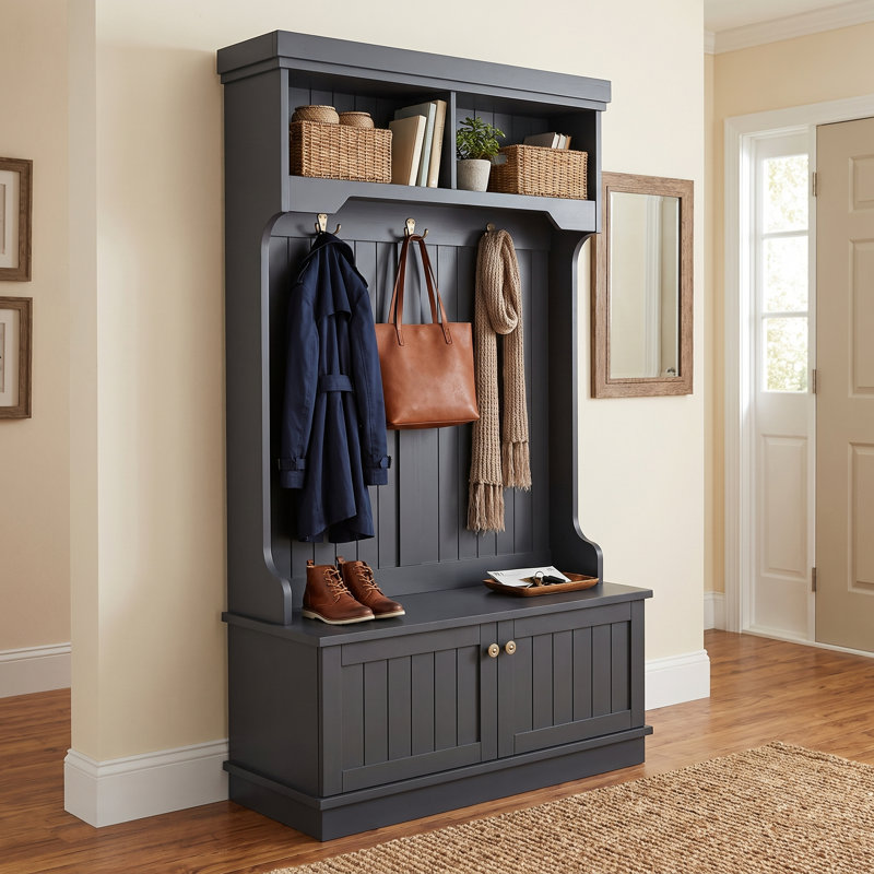 Portemanteau Hall avec banc à chaussures et armoire de rangement, portemanteau moderne 4 en 1 avec crochets et présentoirs