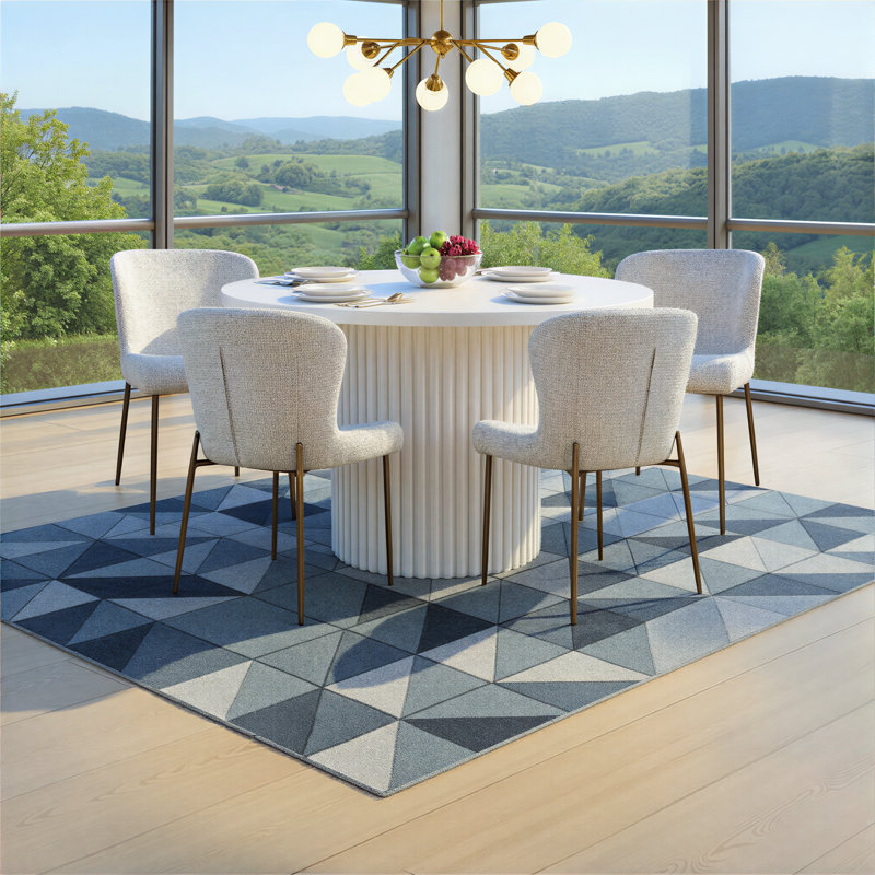 Five Piece Round Mid Century Modern Dining Set With Performance Upholstered Dining Chairs- White, White