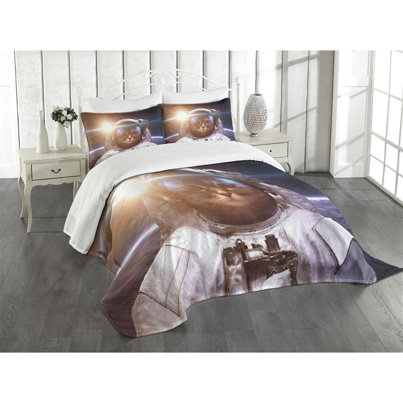 Ambesonne Space Cat Bedspread Set 3 Pcs Kitty Lunar Eclipse Queen White and Blue