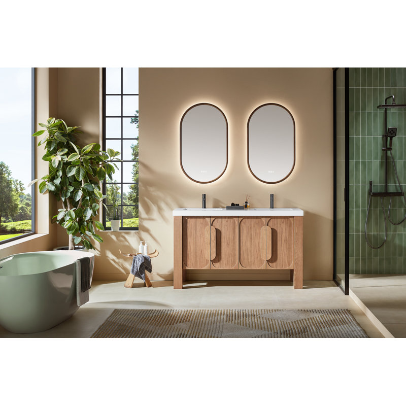 Abella Munich 60" Double Vanity, White, Natural Teak
