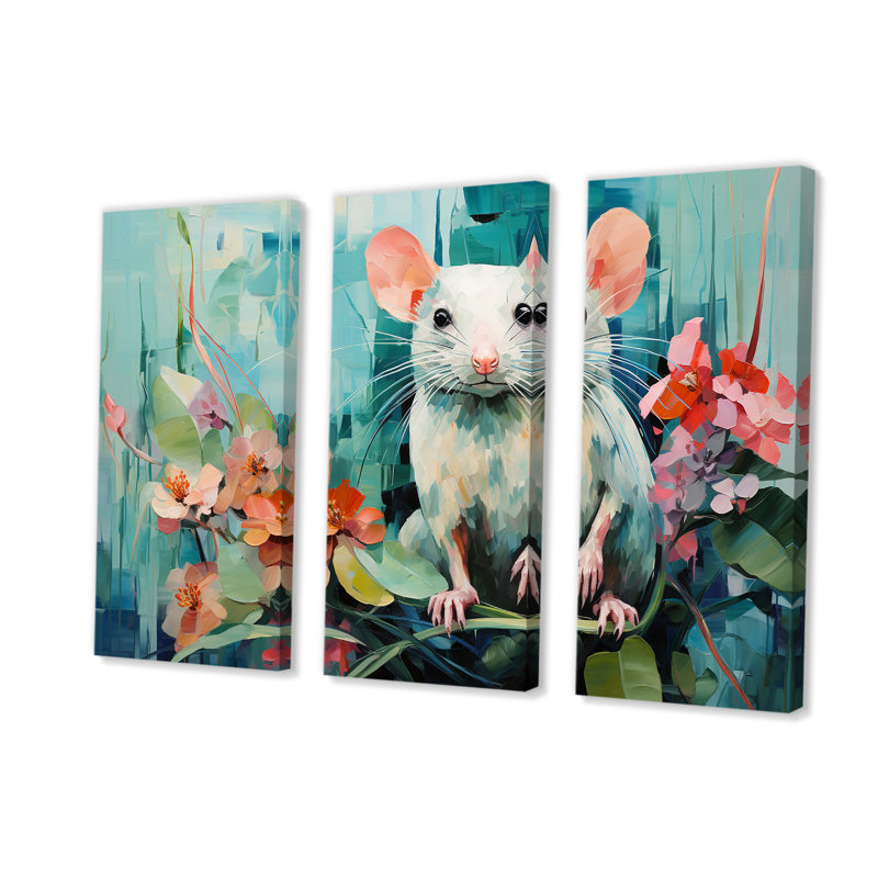 «Green Curious Rat Blooms» - souris, art mural, Toile tendue, H 32 po x l 48 po