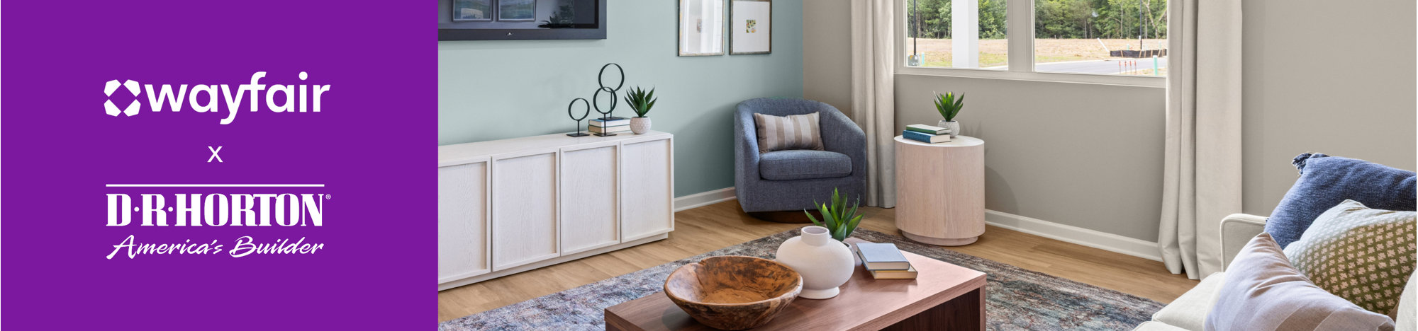 Wayfair x D.R. Horton America's Builder collaboration living room scene.
