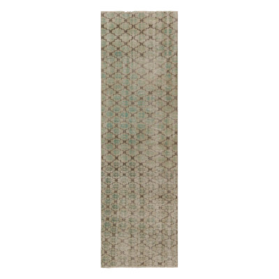 Vintage Turkish Runner Rug, Green And Beige With Geometric Patterns – Rug & Kilim