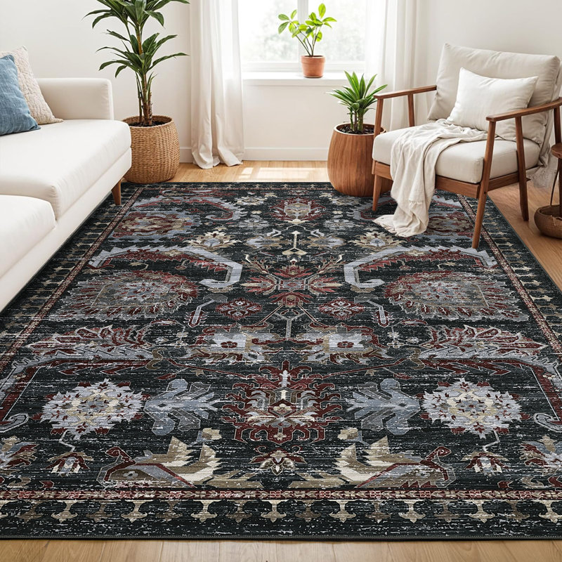 Oriental Machine Washable Rug with Rubber Backing for Living Room Vintage Non-Slip Dining Room Rug Floral Printed Faux Wool Rugs for Bedroom Floor Carpet for Office Nursery Playroom