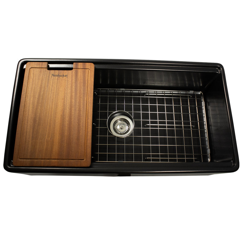 35.75 Inch European Fireclay Farmhouse Prep Station Sink, Matte Black