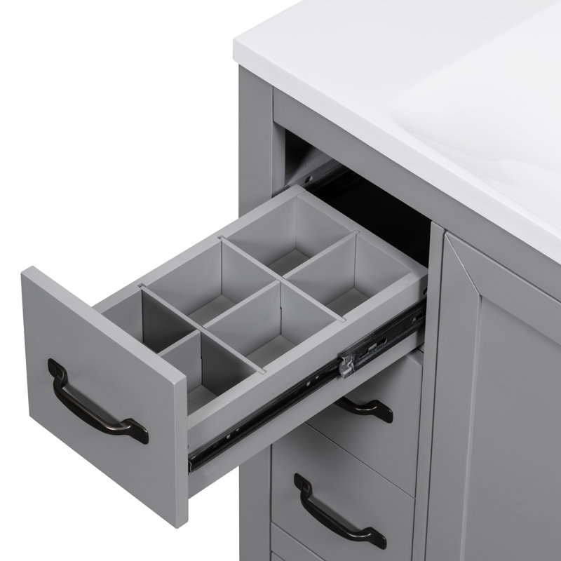 Armoire de salle de bain 36 po, finition grise, 6 tiroirs, tablette réglable, bois gris moderne, solide