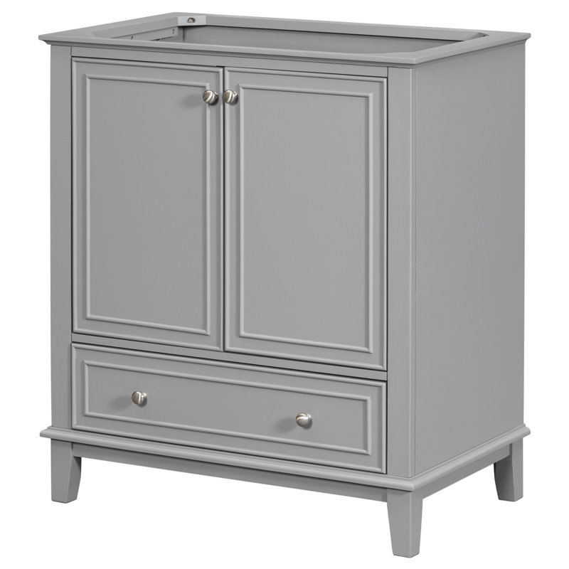 Base de meuble-lavabo 30 po en gris, bois massif et planche, armoire de porte multifonctionnelle, tablette réglable, tiroir, assemblage gris seulement et armoire avec portes
