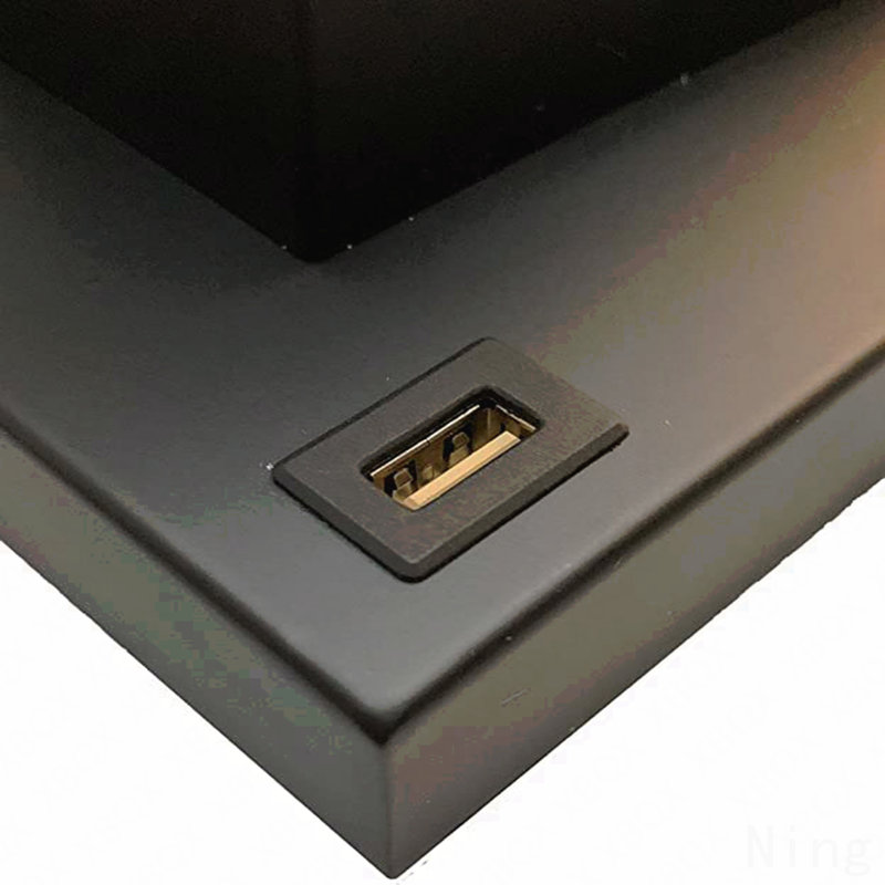 Centre de table carré en cristal étain noir 22 "avec veilleuse, port USB + prise de courant, Noir