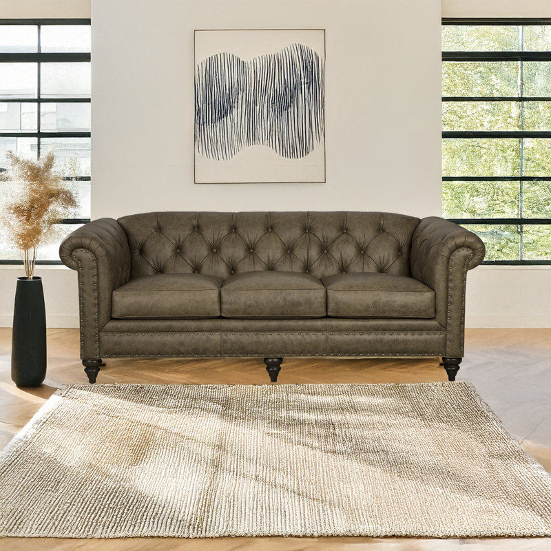Taheem 88'' Genuine Leather Rolled Arms Chesterfield Sofa, Taupe