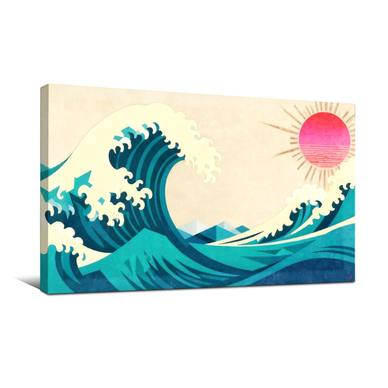 «Nautical & Beach Wave Sun Mountains Ocean Sky», reproduction d'art sur toile, H 24 po x l 48 po
