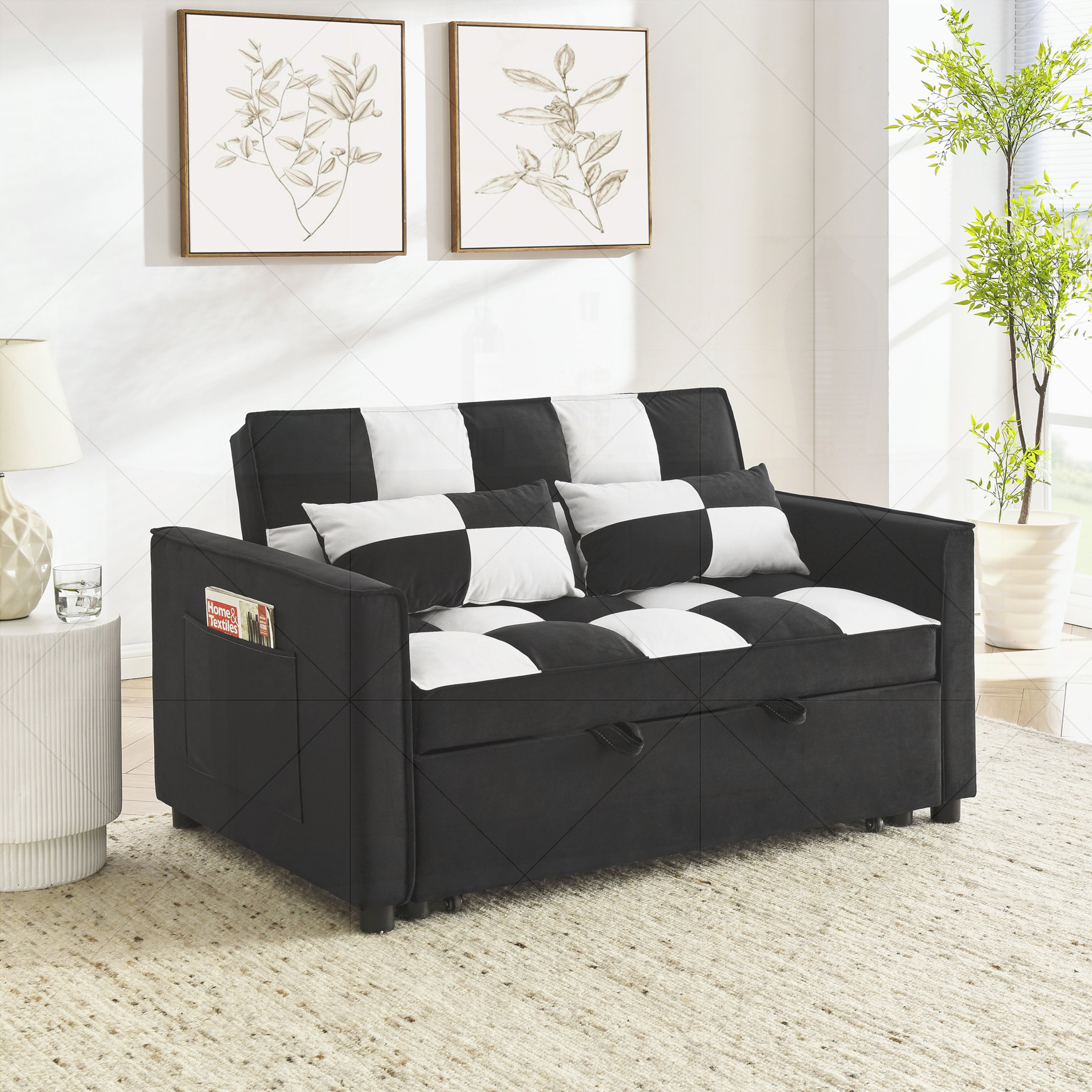Mercer41 modern velvet loveseat sofa couch pull out bed,3 in one ...
