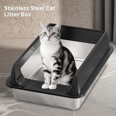 Stainless Steel Litter Box, Semi Enclosed High Side Cat Litter Box, Top Entry Litter Boxs for Senior Cats, Leak-Proof, Non-Sticky, Ideal for Indoor Cats Kitten, Black/XL
