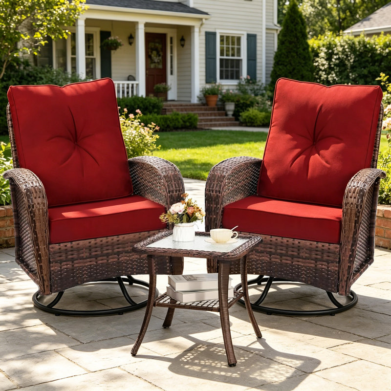 Outdoor Swivel Wicker Glider Patio Chairs with Table Set, Red
