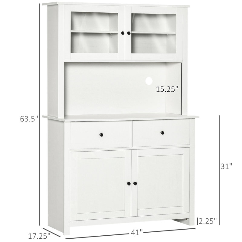 63.5" Kitchen Buffet With Hutch, Pantry Storage Cabinet With 4 Shelves, Drawers, Framed Glass Doors, Open Microwave Countertop, Antique White