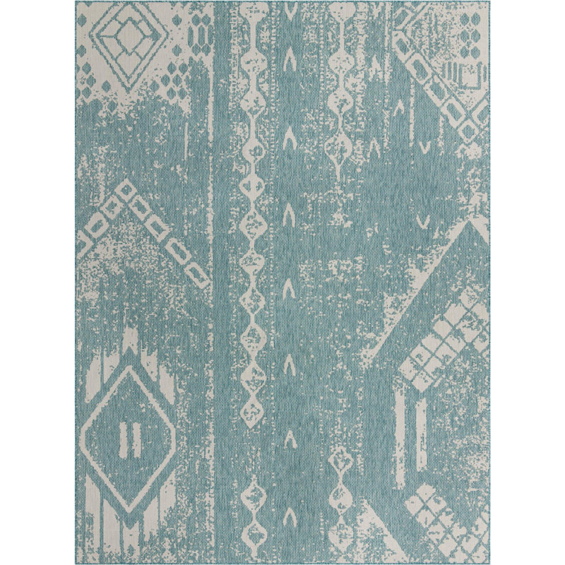 Outdoor Equivine Area Rug Light Aqua-Ivory Color, Rectangle 9'10" x 13'